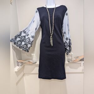 Blueand White Sheath Dress with Bell Sleeves